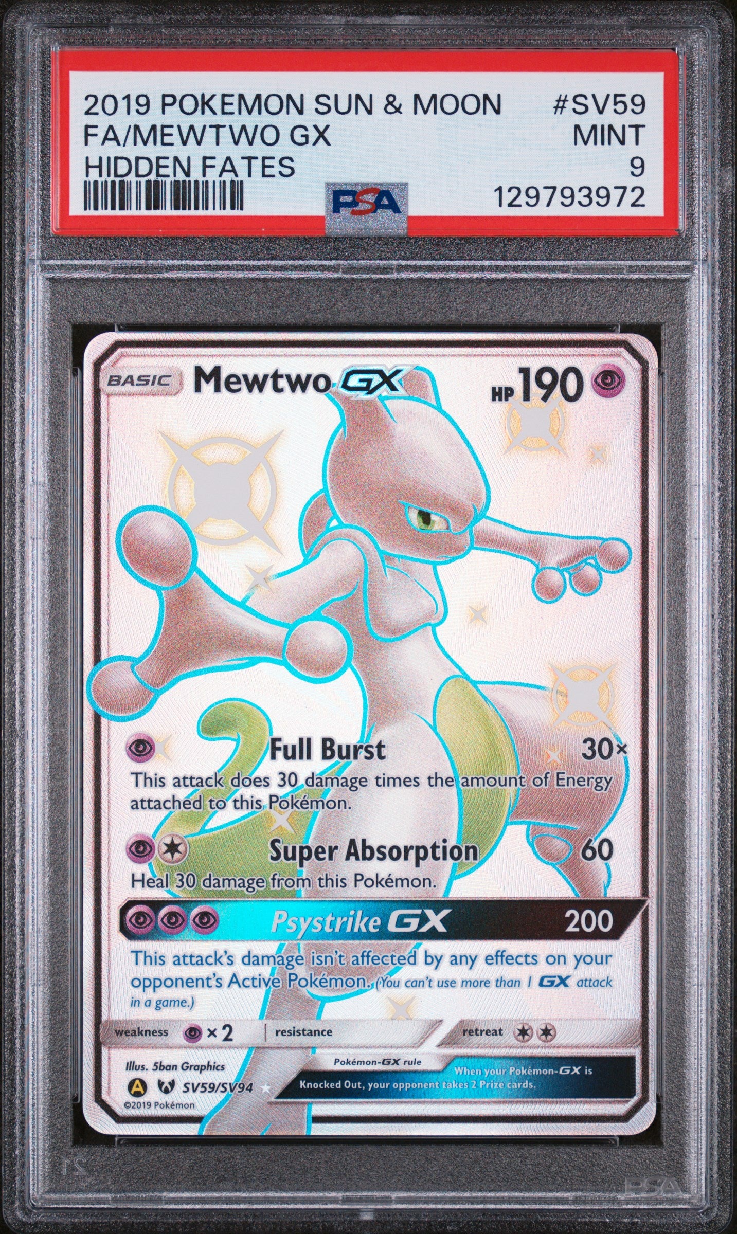 2019 Pokemon Sun & Moon Hidden Fates #SV59 Fa/Mewtwo Gx Hidden Fates PSA 9